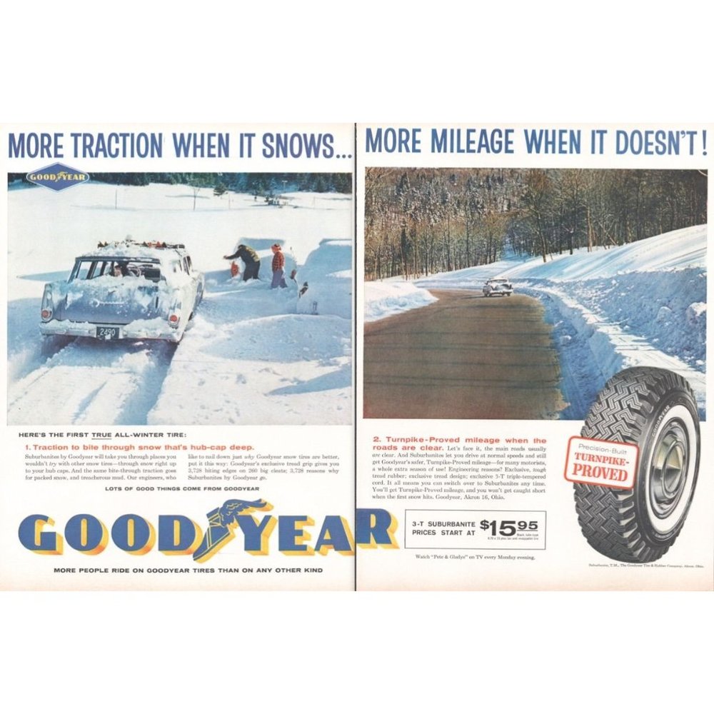 1960 Goodyear Suburbanite Snow Tire 2 Page Vintage Print Ad Winter Wall Art 60s